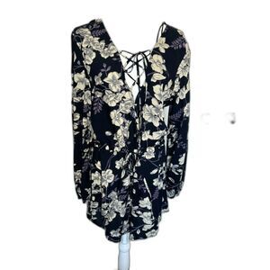 COTTON CANDY Lace Front Tie Waist Floral Print Balloon Sleeve Dress Size L